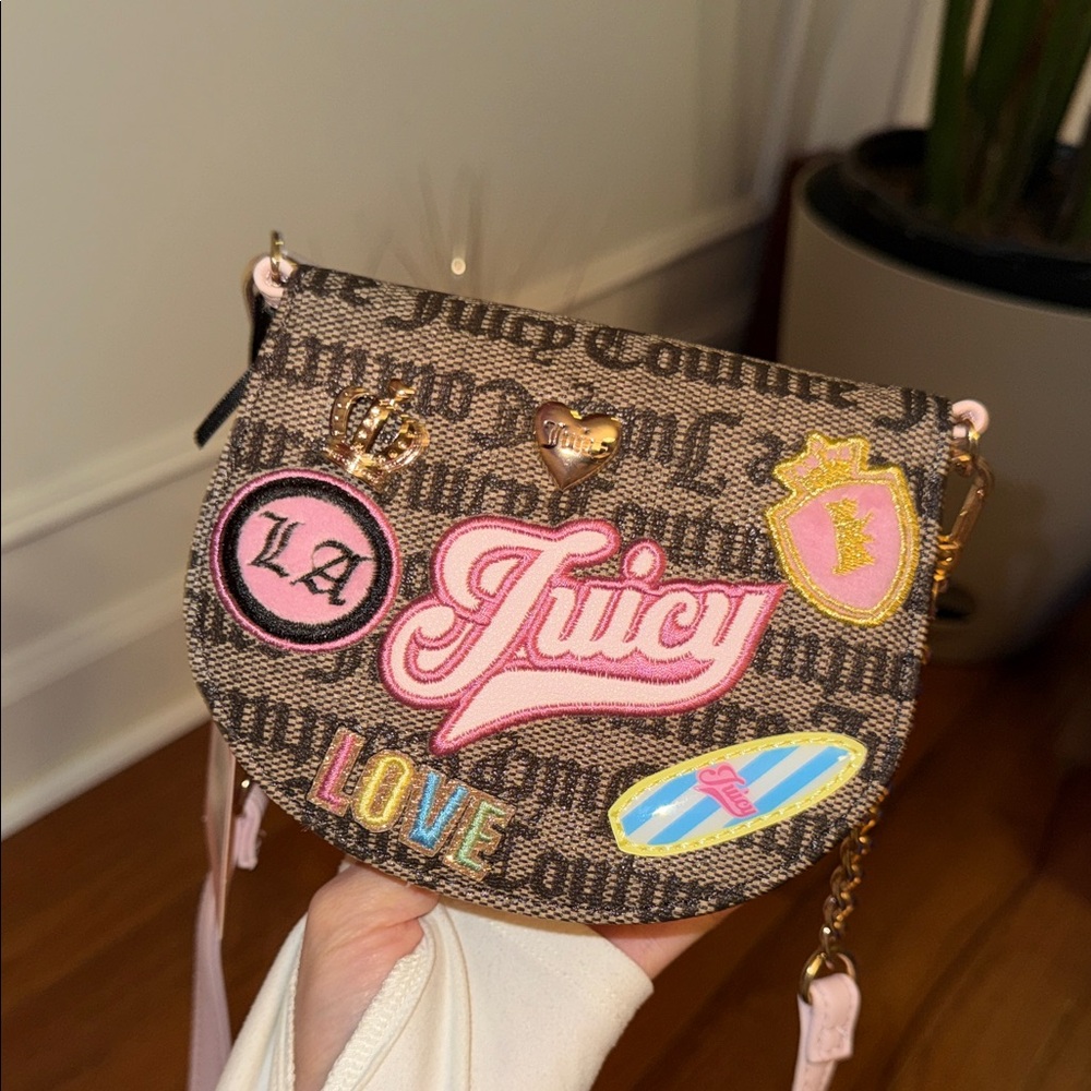 Juicy Couture Brown Crossbody Bag with Colorful Patches
